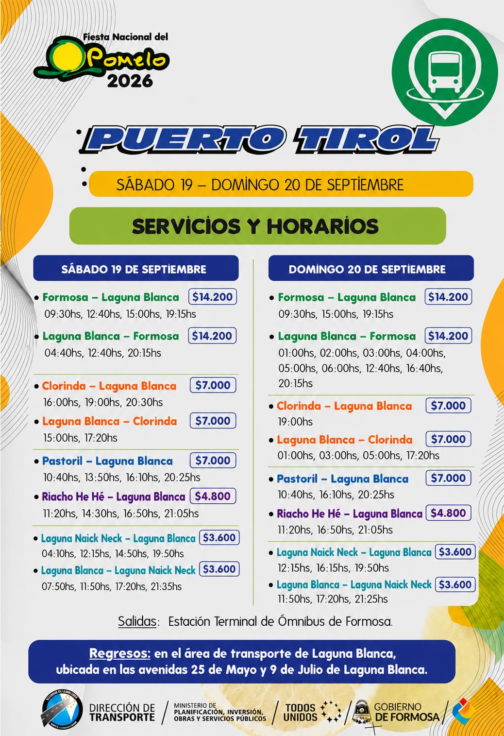 Horarios especiales Puerto Tirol - Fiesta Nacional del Pomelo 2026